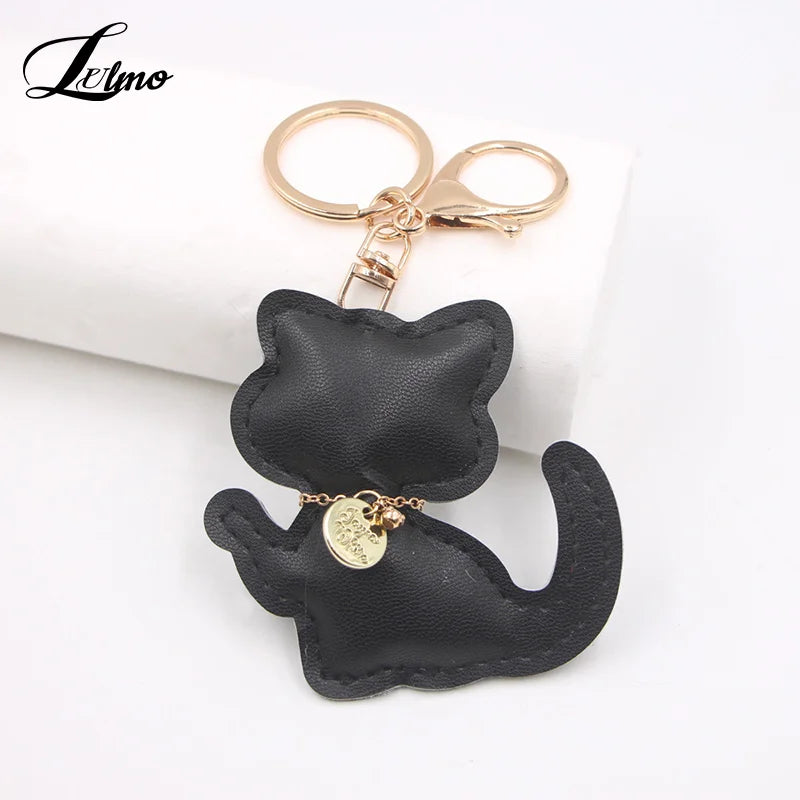 Fashion PU Leather Cat Pendant Keychain Cute Animal Keyring Women Bag Charm Handbag Hanging Decoration For Girl Gifts