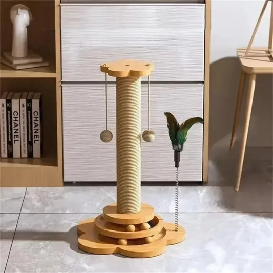 Durable Sisal Cat Scratcher Turntable with Funny Stick Balls Solid Wood Cat Toy Scratching Board Pet Supplies Climbing Frame