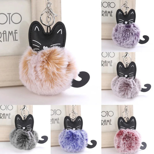 Cute Cat Leather Furry Keychain Pendant 8cm Women Key Ring Holder Pompoms Key Chains Lovely Plush Cow Lanyard For Keys Porte Clé