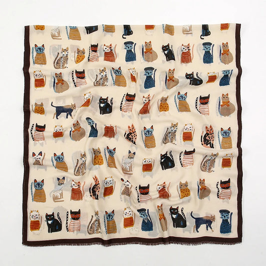 Animal Printed Scarf Cartoon Cat Pattern Hijab Soft Viscose Remove Edge Long Shawl Women Colorful Foulard Wraps Tippet