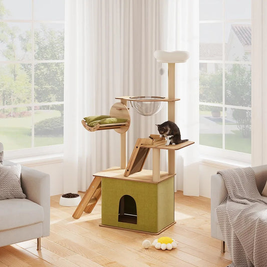 Tieker Deluxe Cat Tower Set Cat Climbing Cat Scratching Toy Home Cat Playhouse with Scratching Board Hammock Ramp Cat Condo