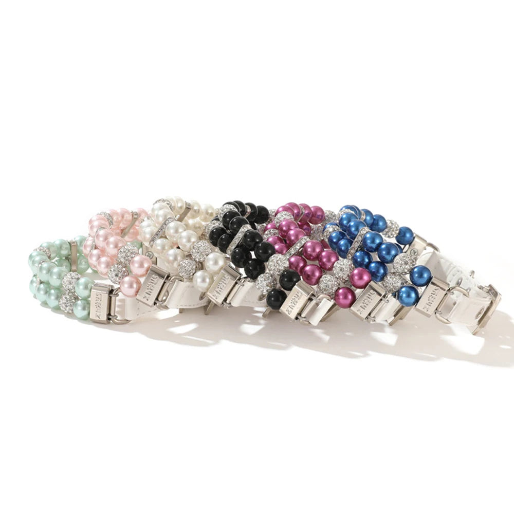 Pearl Pet Collar Artificial Pearls Rhinestone Dog Collar For Cat Necklace Wedding Party Pink Blue Green