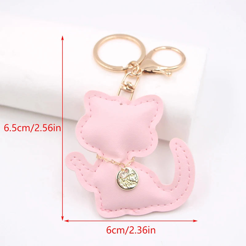 Fashion PU Leather Cat Pendant Keychain Cute Animal Keyring Women Bag Charm Handbag Hanging Decoration For Girl Gifts