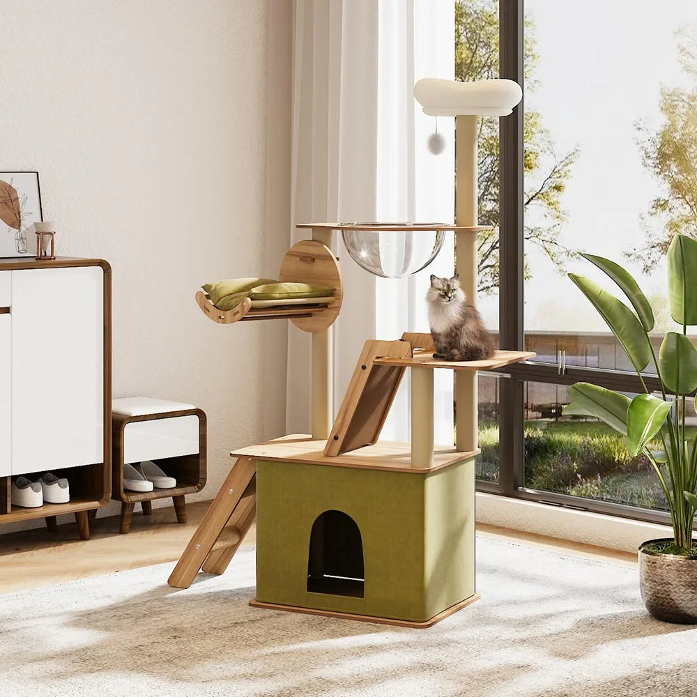 Tieker Deluxe Cat Tower Set Cat Climbing Cat Scratching Toy Home Cat Playhouse with Scratching Board Hammock Ramp Cat Condo
