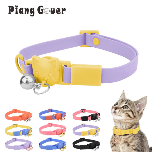 Pet Cat Collar Necklace With Small Bell PVC Waterproof Adjustable Kitten Collar Candy Color