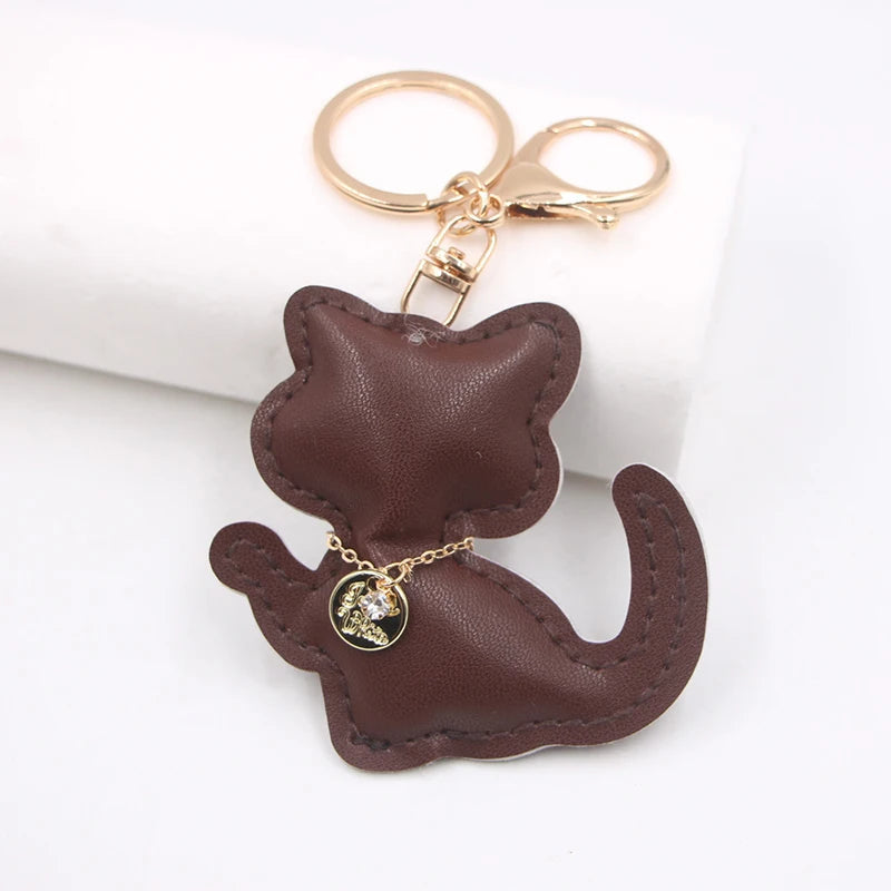 Fashion PU Leather Cat Pendant Keychain Cute Animal Keyring Women Bag Charm Handbag Hanging Decoration For Girl Gifts