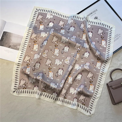 Luxury Hijab Silk Shawl and Wrap Cute Cat Print Scarf for Women Neckerchief Hair Band Wrist Headband Bandana 2023 Echarpe