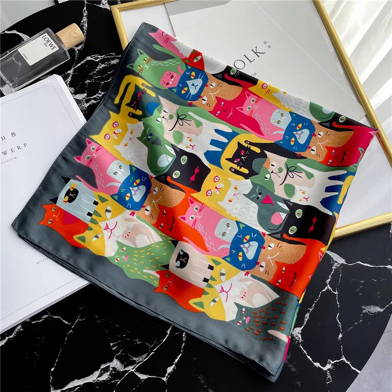 Luxury Hijab Silk Shawl and Wrap Cute Cat Print Scarf for Women Neckerchief Hair Band Wrist Headband Bandana 2023 Echarpe