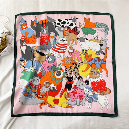 Luxury Hijab Silk Shawl and Wrap Cute Cat Print Scarf for Women Neckerchief Hair Band Wrist Headband Bandana 2023 Echarpe