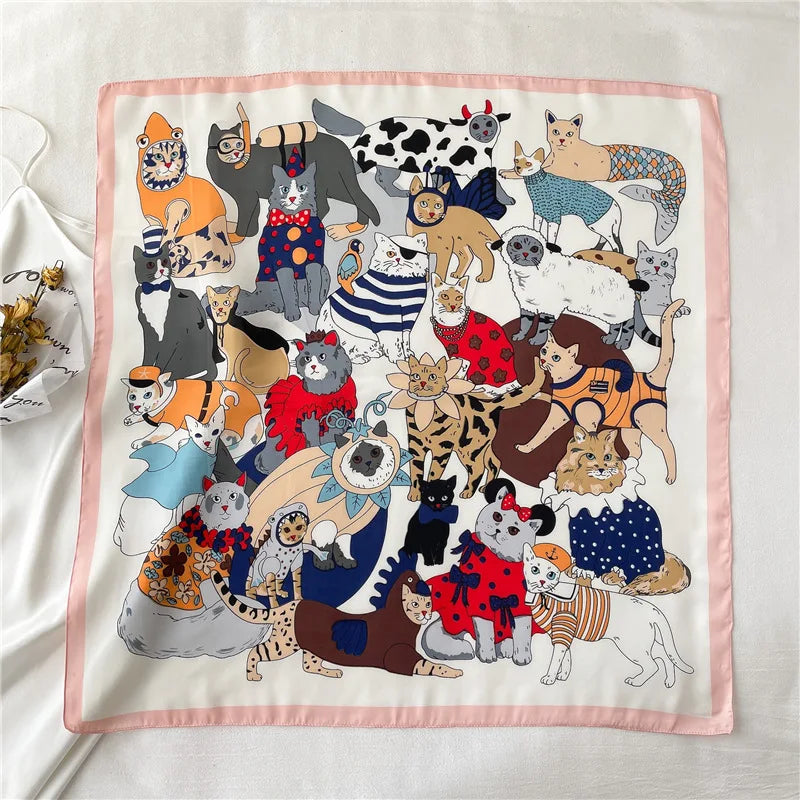 Luxury Hijab Silk Shawl and Wrap Cute Cat Print Scarf for Women Neckerchief Hair Band Wrist Headband Bandana 2023 Echarpe