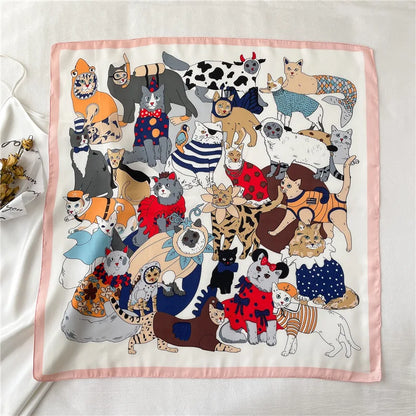 Luxury Hijab Silk Shawl and Wrap Cute Cat Print Scarf for Women Neckerchief Hair Band Wrist Headband Bandana 2023 Echarpe