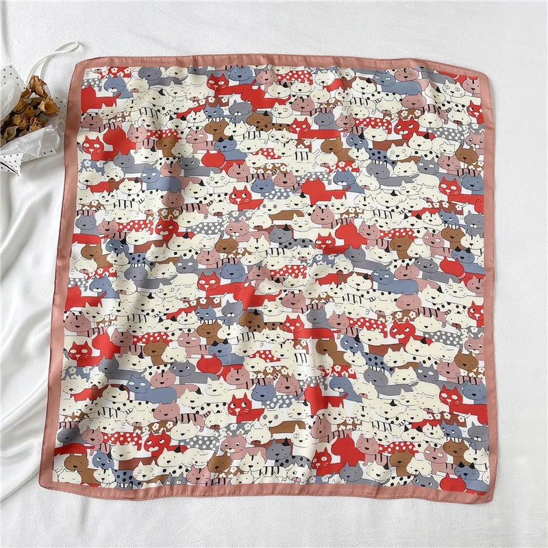 Luxury Hijab Silk Shawl and Wrap Cute Cat Print Scarf for Women Neckerchief Hair Band Wrist Headband Bandana 2023 Echarpe