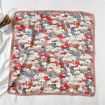 Luxury Hijab Silk Shawl and Wrap Cute Cat Print Scarf for Women Neckerchief Hair Band Wrist Headband Bandana 2023 Echarpe