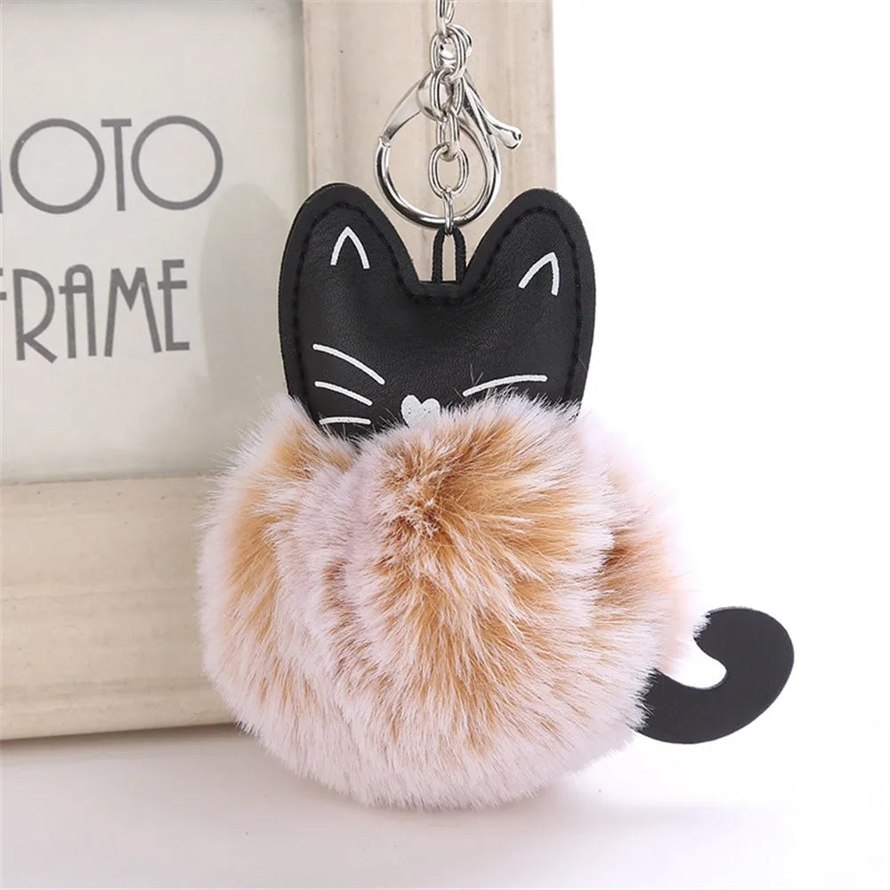 Cute Cat Leather Furry Keychain Pendant 8cm Women Key Ring Holder Pompoms Key Chains Lovely Plush Cow Lanyard For Keys Porte Clé