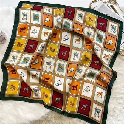 Luxury Hijab Silk Shawl and Wrap Cute Cat Print Scarf for Women Neckerchief Hair Band Wrist Headband Bandana 2023 Echarpe