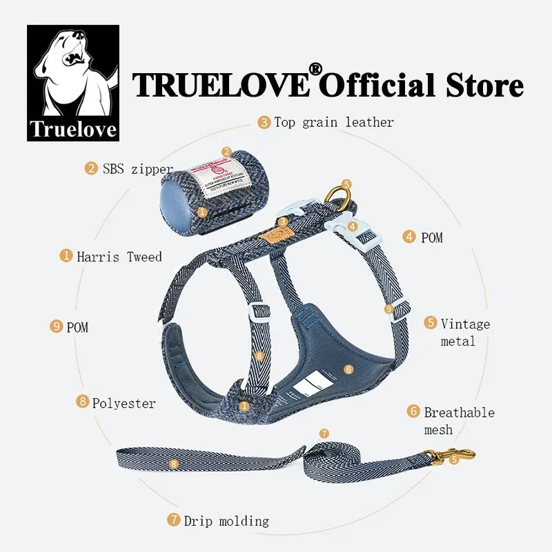 Truelove Pet Harness Leash Set Harris Tweed Fabric No Pull Dog Vest Harness for Walking Training Adjustable Easy Control TLH2912