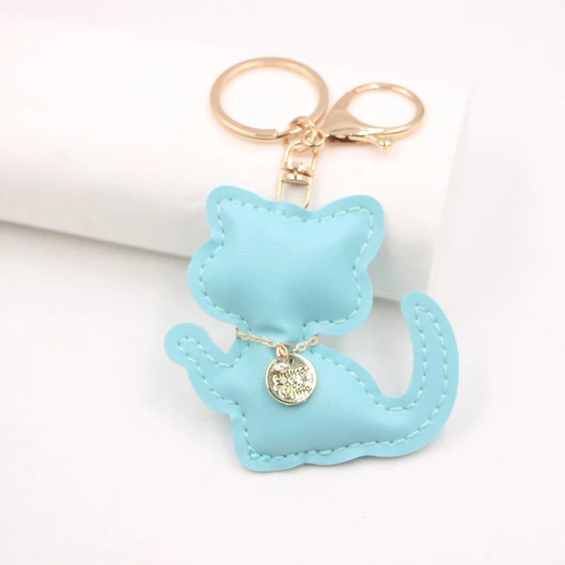 Fashion PU Leather Cat Pendant Keychain Cute Animal Keyring Women Bag Charm Handbag Hanging Decoration For Girl Gifts