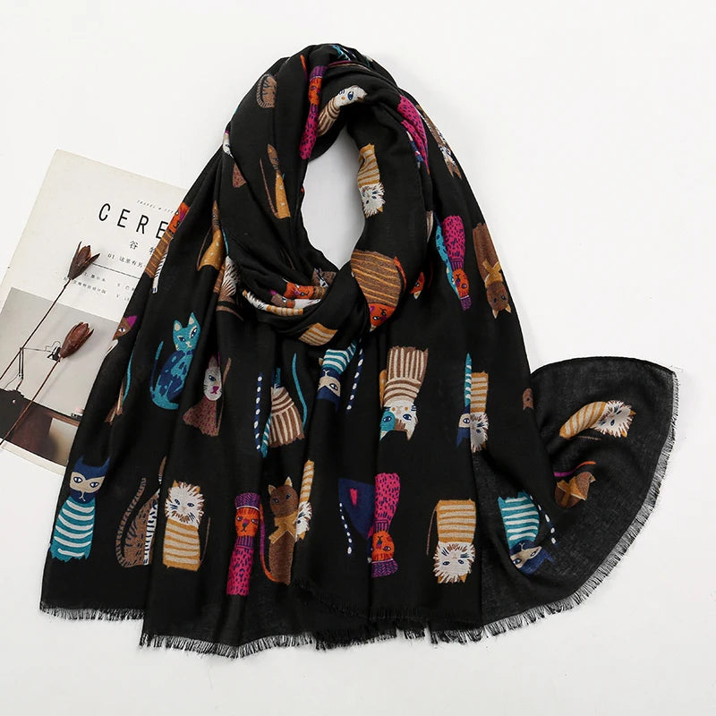 Animal Printed Scarf Cartoon Cat Pattern Hijab Soft Viscose Remove Edge Long Shawl Women Colorful Foulard Wraps Tippet