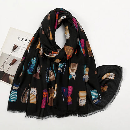 Animal Printed Scarf Cartoon Cat Pattern Hijab Soft Viscose Remove Edge Long Shawl Women Colorful Foulard Wraps Tippet
