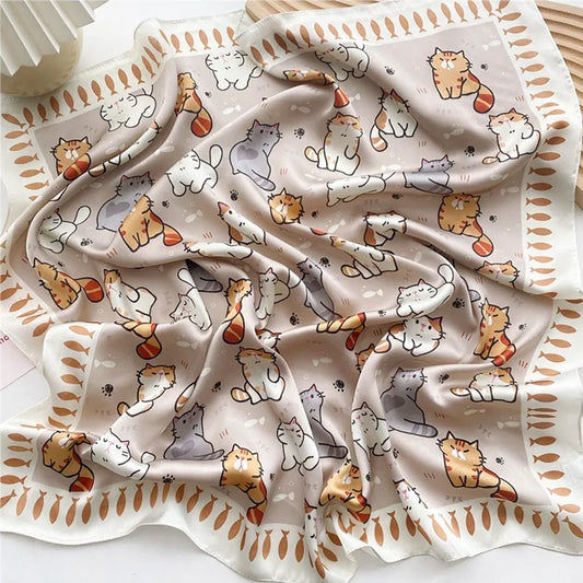 Luxury Hijab Silk Shawl and Wrap Cute Cat Print Scarf for Women Neckerchief Hair Band Wrist Headband Bandana 2023 Echarpe