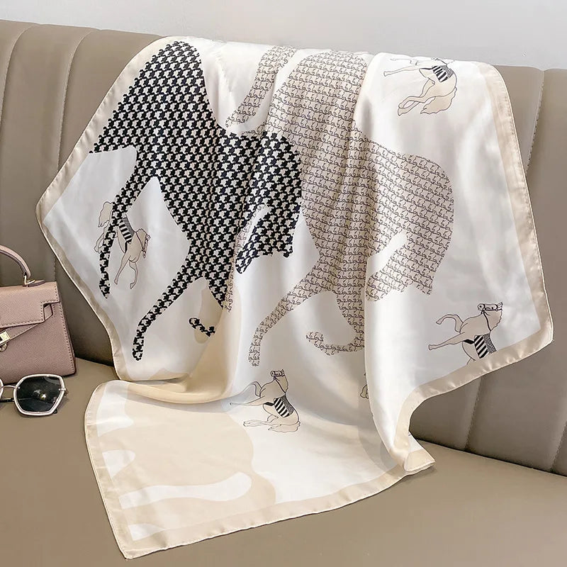 Luxury Hijab Silk Shawl and Wrap Cute Cat Print Scarf for Women Neckerchief Hair Band Wrist Headband Bandana 2023 Echarpe