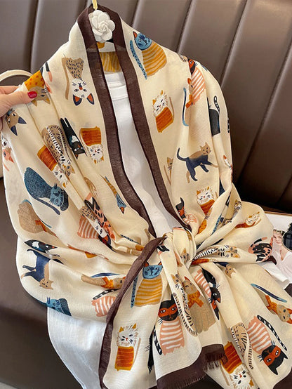Animal Printed Scarf Cartoon Cat Pattern Hijab Soft Viscose Remove Edge Long Shawl Women Colorful Foulard Wraps Tippet