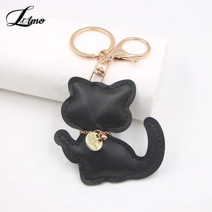 Fashion PU Leather Cat Pendant Keychain Cute Animal Keyring Women Bag Charm Handbag Hanging Decoration For Girl Gifts