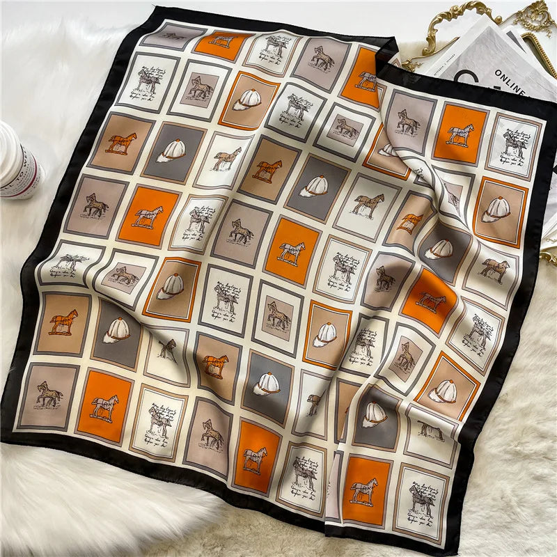 Luxury Hijab Silk Shawl and Wrap Cute Cat Print Scarf for Women Neckerchief Hair Band Wrist Headband Bandana 2023 Echarpe