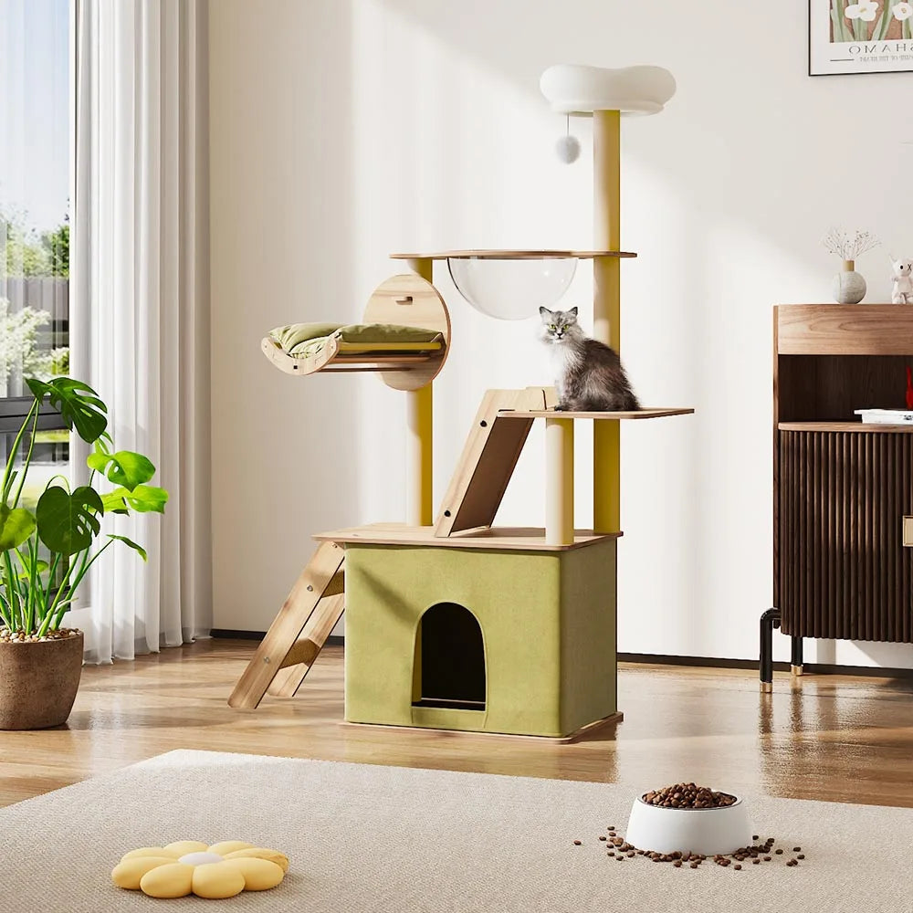 Tieker Deluxe Cat Tower Set Cat Climbing Cat Scratching Toy Home Cat Playhouse with Scratching Board Hammock Ramp Cat Condo