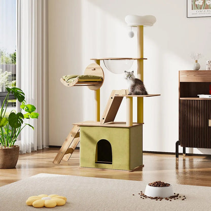 Tieker Deluxe Cat Tower Set Cat Climbing Cat Scratching Toy Home Cat Playhouse with Scratching Board Hammock Ramp Cat Condo
