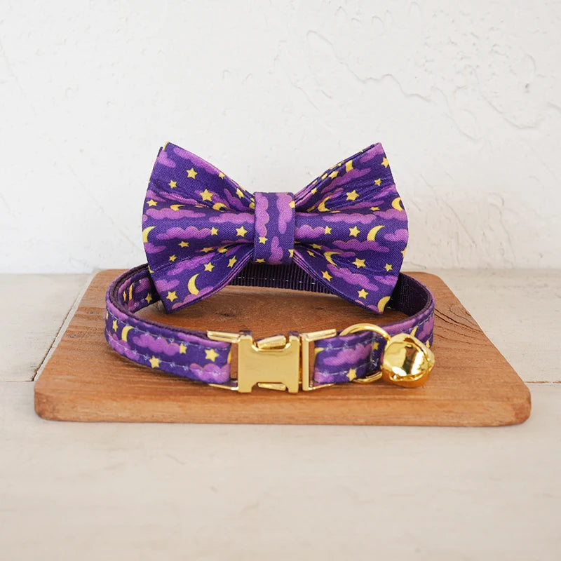 MUTTCO Retailing engraved independently designs christmas print cat collar PURPLE MOON NIGHT handmade cat collar 2 size UCC222