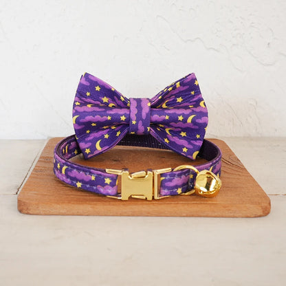 MUTTCO Retailing engraved independently designs christmas print cat collar PURPLE MOON NIGHT handmade cat collar 2 size UCC222
