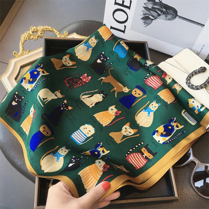Luxury Hijab Silk Shawl and Wrap Cute Cat Print Scarf for Women Neckerchief Hair Band Wrist Headband Bandana 2023 Echarpe