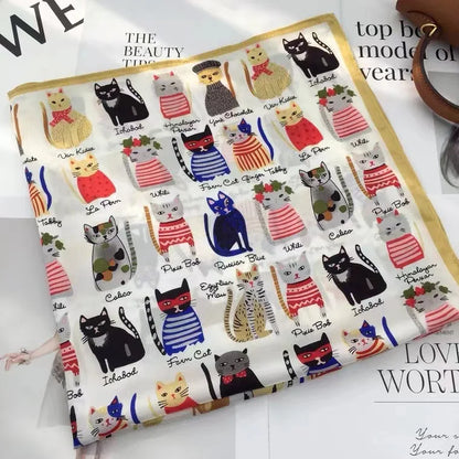 Luxury Hijab Silk Shawl and Wrap Cute Cat Print Scarf for Women Neckerchief Hair Band Wrist Headband Bandana 2023 Echarpe