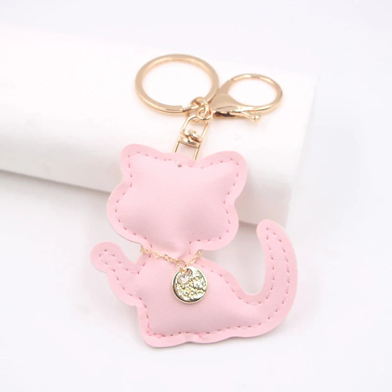Fashion PU Leather Cat Pendant Keychain Cute Animal Keyring Women Bag Charm Handbag Hanging Decoration For Girl Gifts