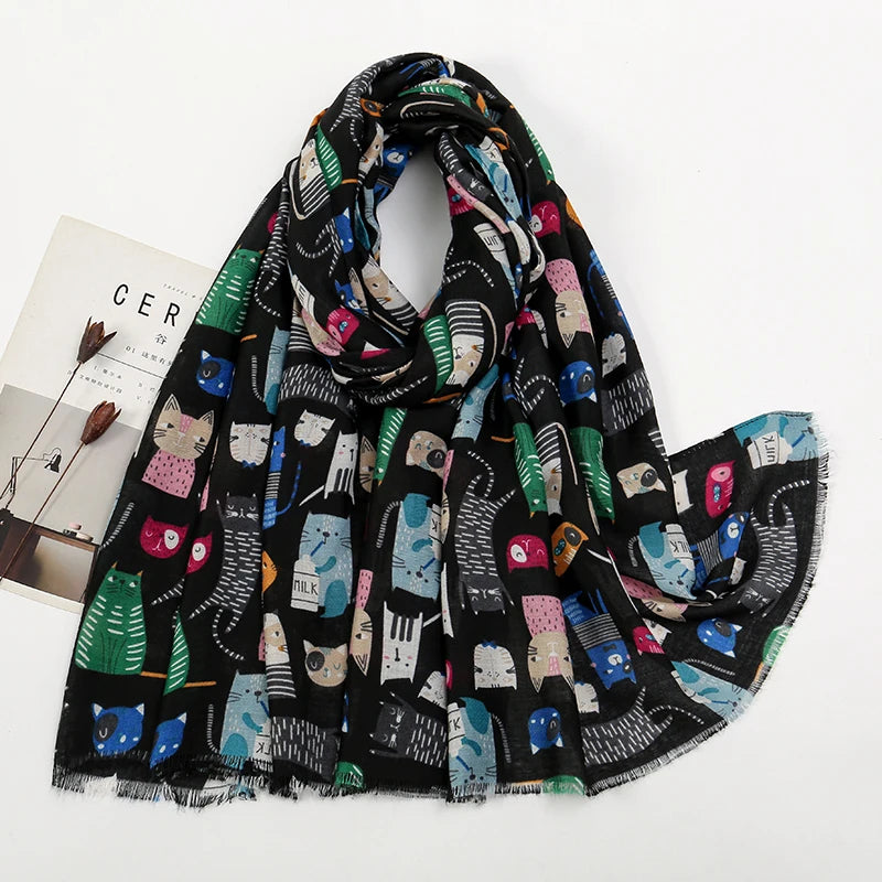 Animal Printed Scarf Cartoon Cat Pattern Hijab Soft Viscose Remove Edge Long Shawl Women Colorful Foulard Wraps Tippet