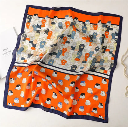 Luxury Hijab Silk Shawl and Wrap Cute Cat Print Scarf for Women Neckerchief Hair Band Wrist Headband Bandana 2023 Echarpe