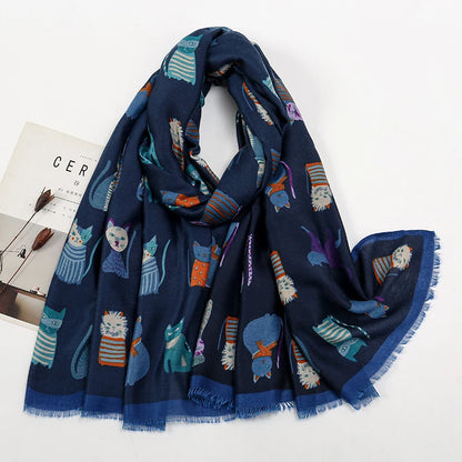Animal Printed Scarf Cartoon Cat Pattern Hijab Soft Viscose Remove Edge Long Shawl Women Colorful Foulard Wraps Tippet