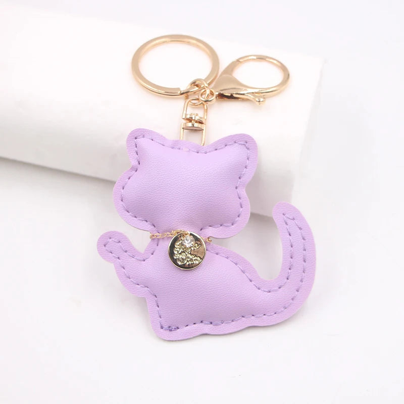Fashion PU Leather Cat Pendant Keychain Cute Animal Keyring Women Bag Charm Handbag Hanging Decoration For Girl Gifts