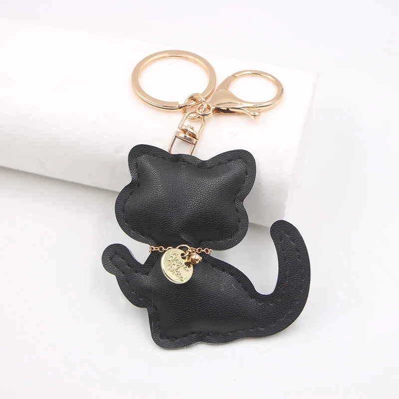 Fashion PU Leather Cat Pendant Keychain Cute Animal Keyring Women Bag Charm Handbag Hanging Decoration For Girl Gifts