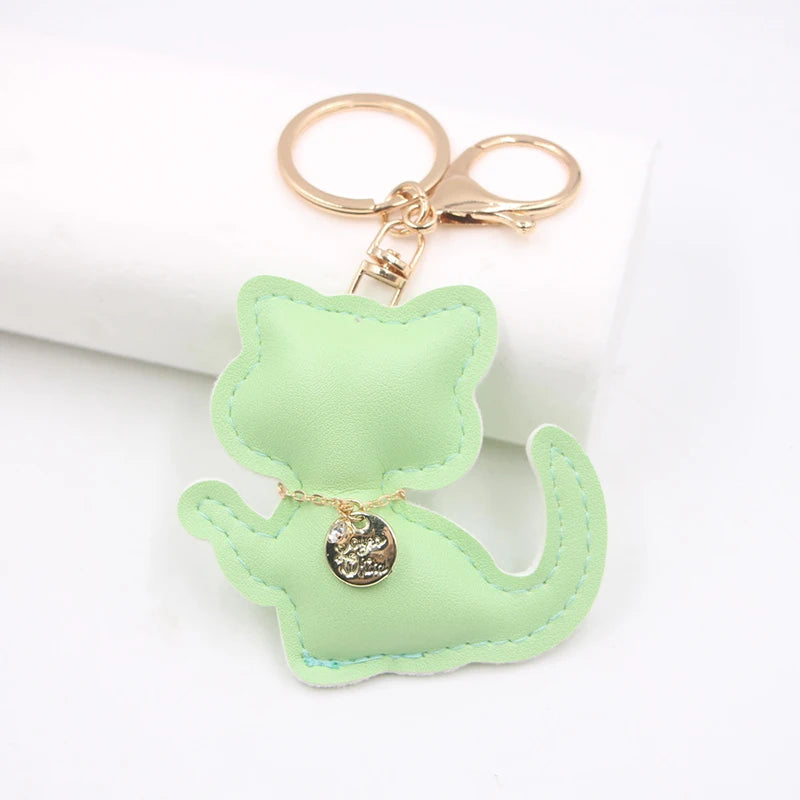 Fashion PU Leather Cat Pendant Keychain Cute Animal Keyring Women Bag Charm Handbag Hanging Decoration For Girl Gifts