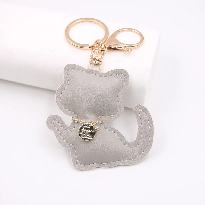 Fashion PU Leather Cat Pendant Keychain Cute Animal Keyring Women Bag Charm Handbag Hanging Decoration For Girl Gifts