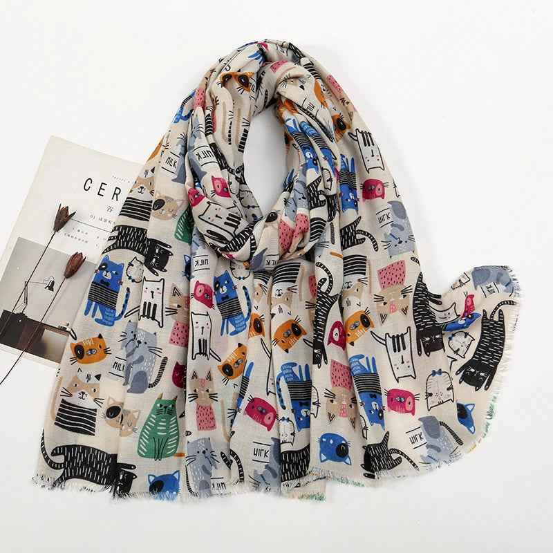 Animal Printed Scarf Cartoon Cat Pattern Hijab Soft Viscose Remove Edge Long Shawl Women Colorful Foulard Wraps Tippet