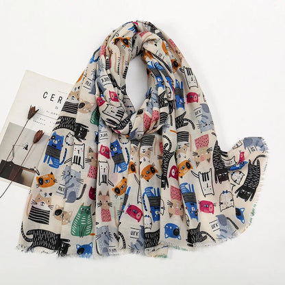 Animal Printed Scarf Cartoon Cat Pattern Hijab Soft Viscose Remove Edge Long Shawl Women Colorful Foulard Wraps Tippet