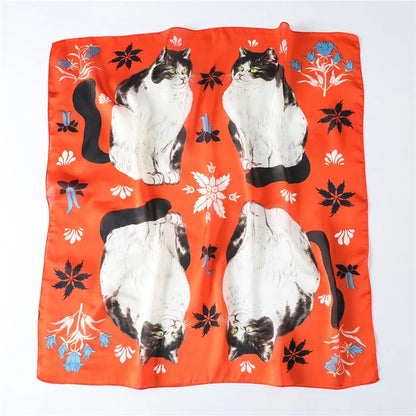 Luxury Hijab Silk Shawl and Wrap Cute Cat Print Scarf for Women Neckerchief Hair Band Wrist Headband Bandana 2023 Echarpe