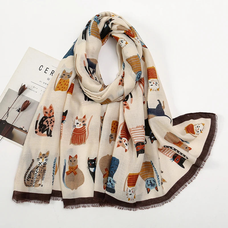 Animal Printed Scarf Cartoon Cat Pattern Hijab Soft Viscose Remove Edge Long Shawl Women Colorful Foulard Wraps Tippet