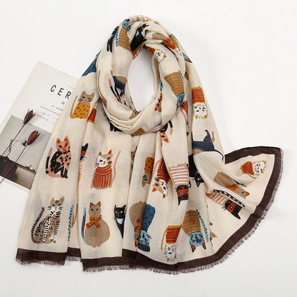 Animal Printed Scarf Cartoon Cat Pattern Hijab Soft Viscose Remove Edge Long Shawl Women Colorful Foulard Wraps Tippet
