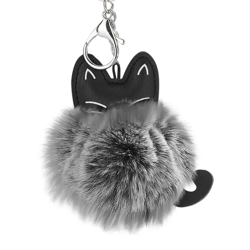 Cute Cat Leather Furry Keychain Pendant 8cm Women Key Ring Holder Pompoms Key Chains Lovely Plush Cow Lanyard For Keys Porte Clé