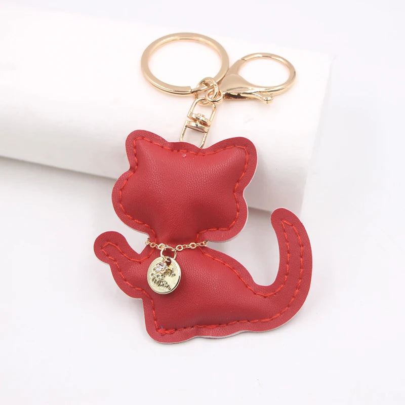 Fashion PU Leather Cat Pendant Keychain Cute Animal Keyring Women Bag Charm Handbag Hanging Decoration For Girl Gifts