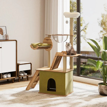 Tieker Deluxe Cat Tower Set Cat Climbing Cat Scratching Toy Home Cat Playhouse with Scratching Board Hammock Ramp Cat Condo